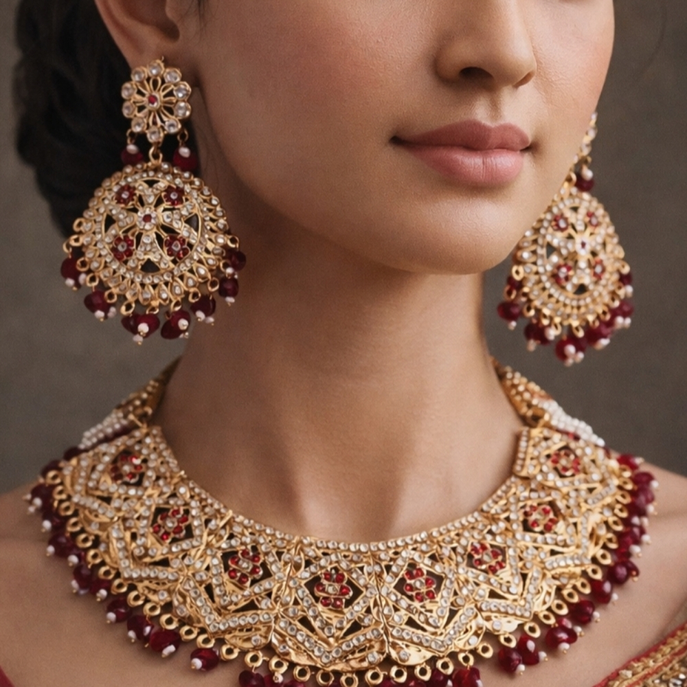 Elegant Gold and Red Statement Necklace and Earring Set